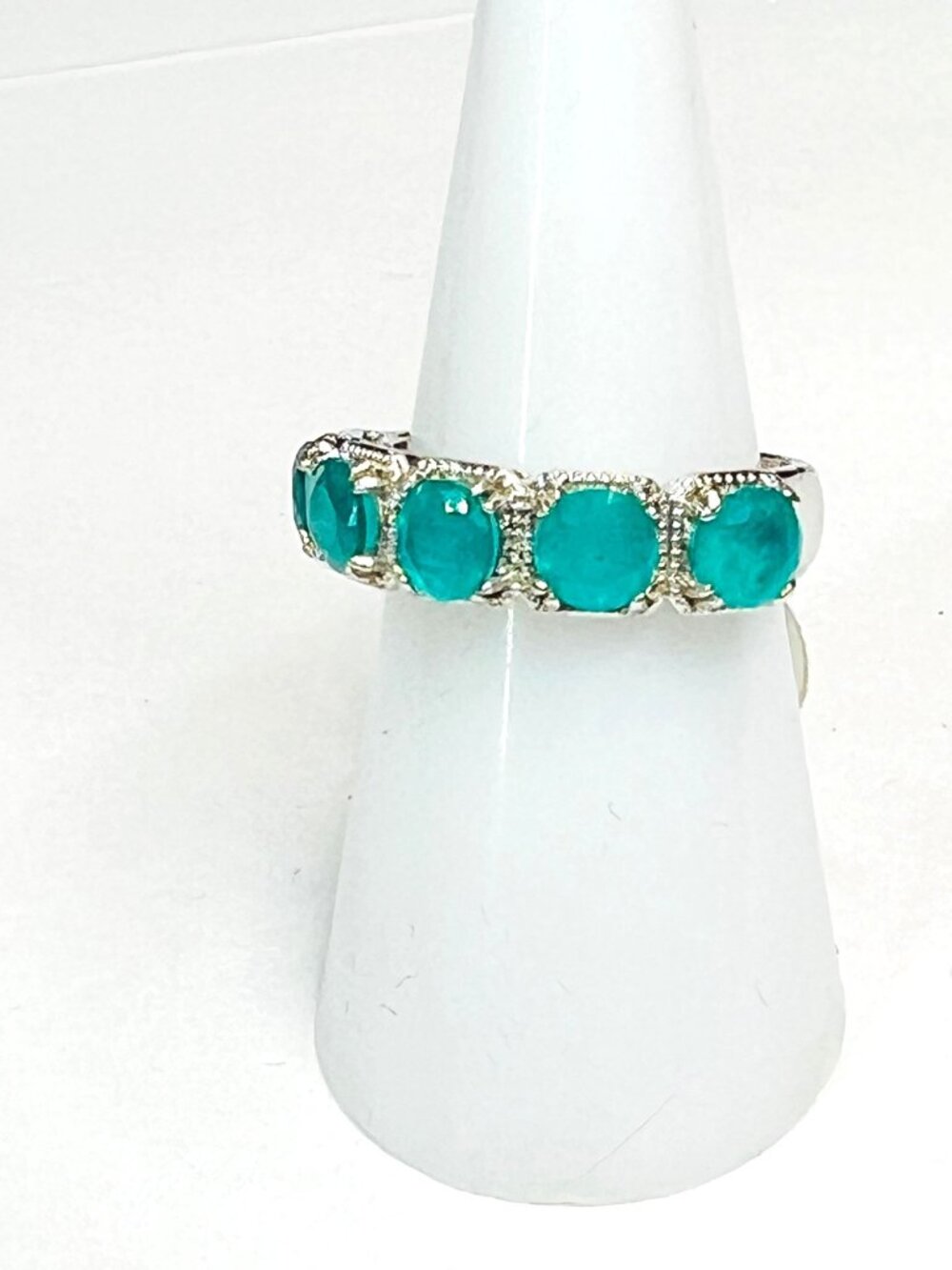 Ring Bomb Party Ring, Size 7,  green gemstones, silver color band